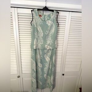 Hilo Hattie Mint Green Floral Maxi Skirt and Top Set Vintage 100% Silk EUC